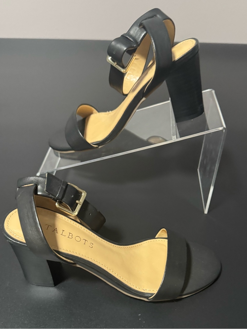 Talbots Black Leather Block Heel Sandals with Buckle Strap — Open Toe